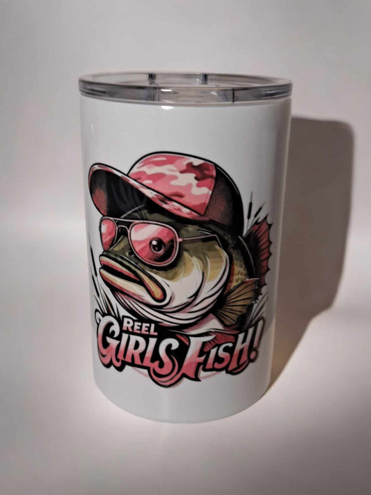 2 in 1 Reel Girls Fish 12 oz Tumbler with Lid and Straw and Can Cooler Vacuum Insulated