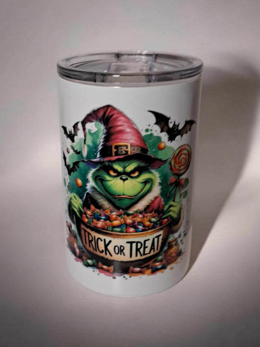 2 in 1 Trick or Treat Grinch 12 oz Tumbler with Lid and Straw and also be a Can Cooler