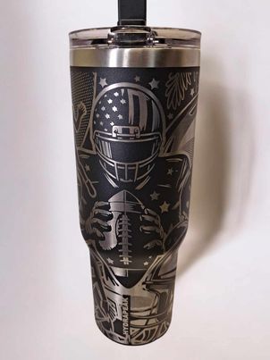 Laser Engraved Football Themed 32 oz Stainless Steel Sports Tumbler Black