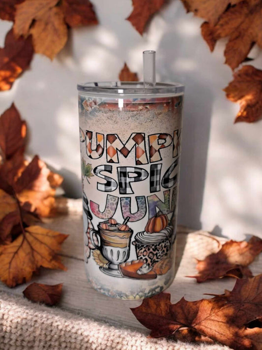 2 in 1 Pumpkin Spice Junkie 16 oz Tumbler with Lid and Straw and can also be used as a Can Cooler