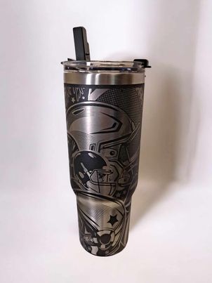 Laser Engraved Football Themed 32 oz Stainless Steel Sports Tumbler Black