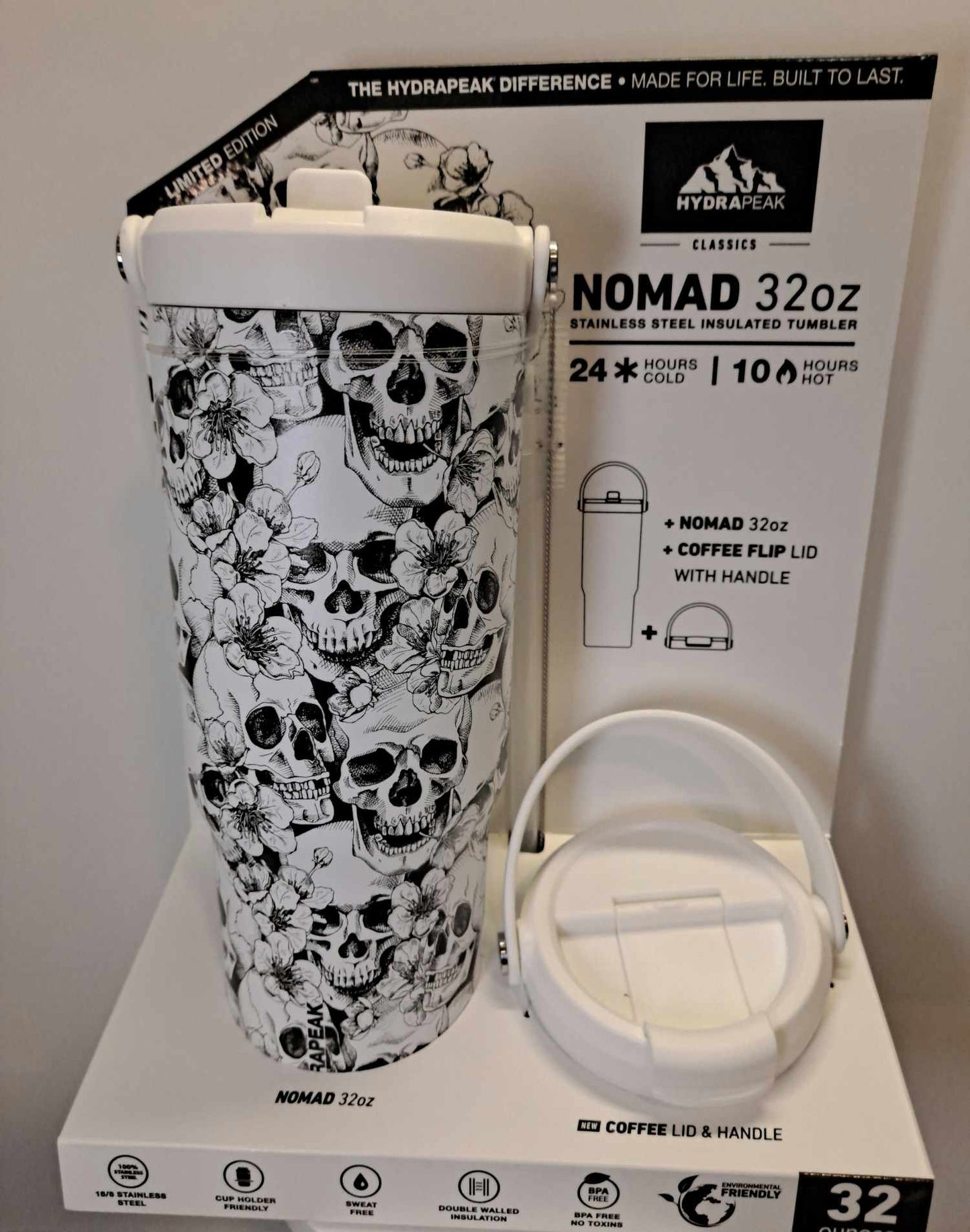 Limited Edition Skeletons And Flowers Halloween Themed 32 oz Nomad Stainless Steel Insulated Tumbler