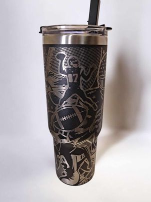 Laser Engraved Football Themed 32 oz Stainless Steel Sports Tumbler Black