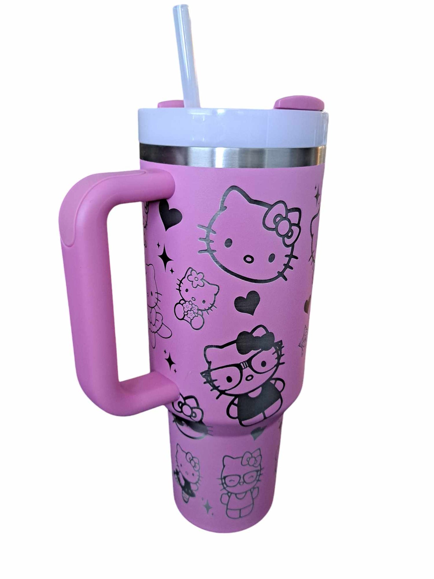 Laser Engraved Hello Kitty Peony Pink 40 oz Stanley Tumbler with Lid Topper and Straw Topper