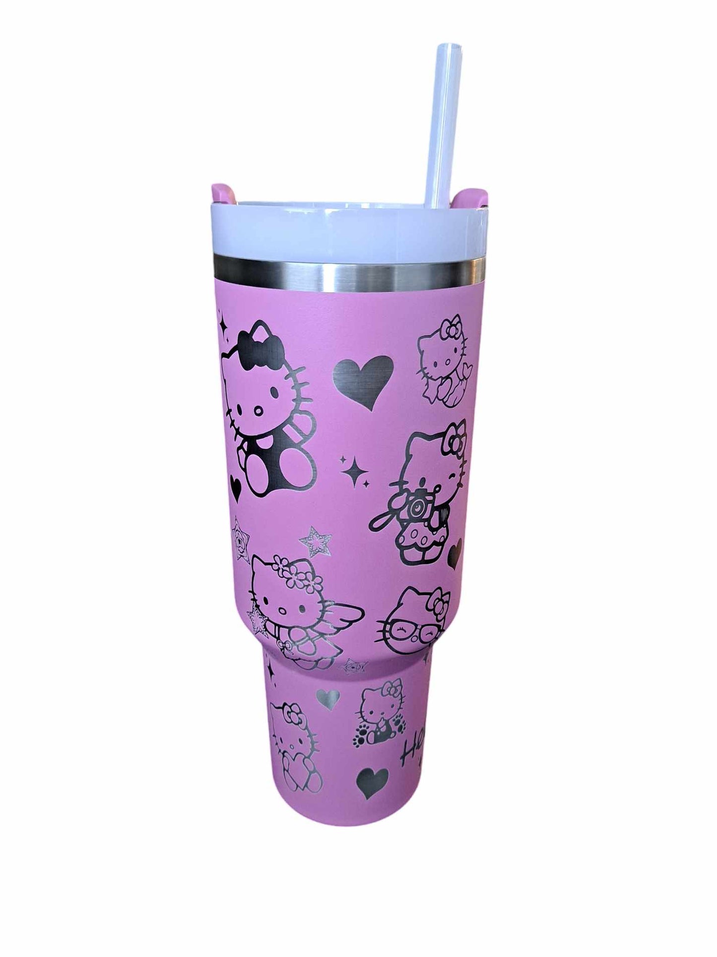 Laser Engraved Hello Kitty Peony Pink 40 oz Stanley Tumbler with Lid Topper and Straw Topper