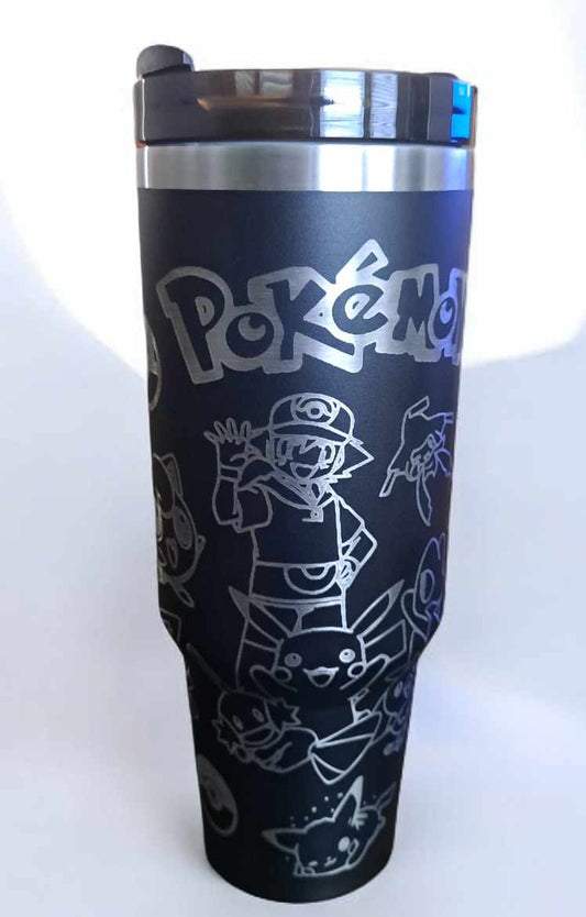 Custom Laser Engraved Pokemon Themed 40 oz Tumbler with Handle and Straw