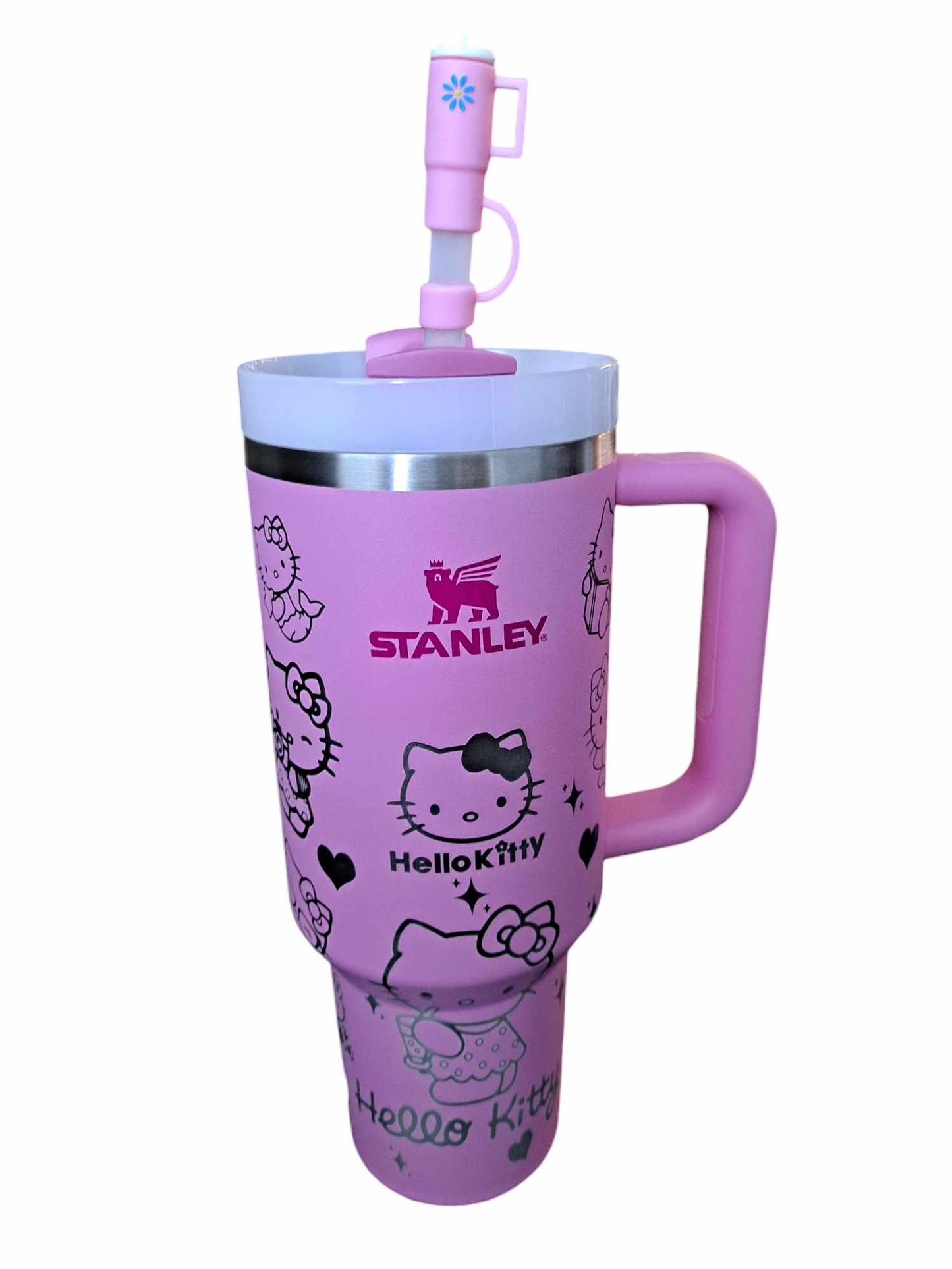 Laser Engraved Hello Kitty Peony Pink 40 oz Stanley Tumbler with Lid Topper and Straw Topper