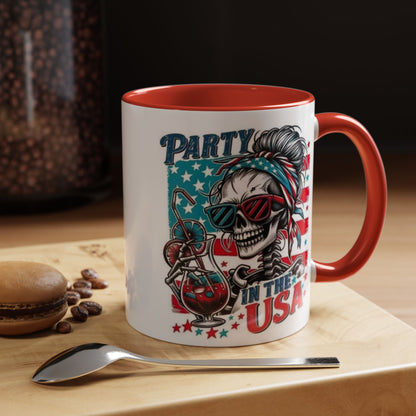 4th of July Coffee Mug - "Party in the USA" Skeleton Lady with Bandana & Glasses | Independence Day Gift