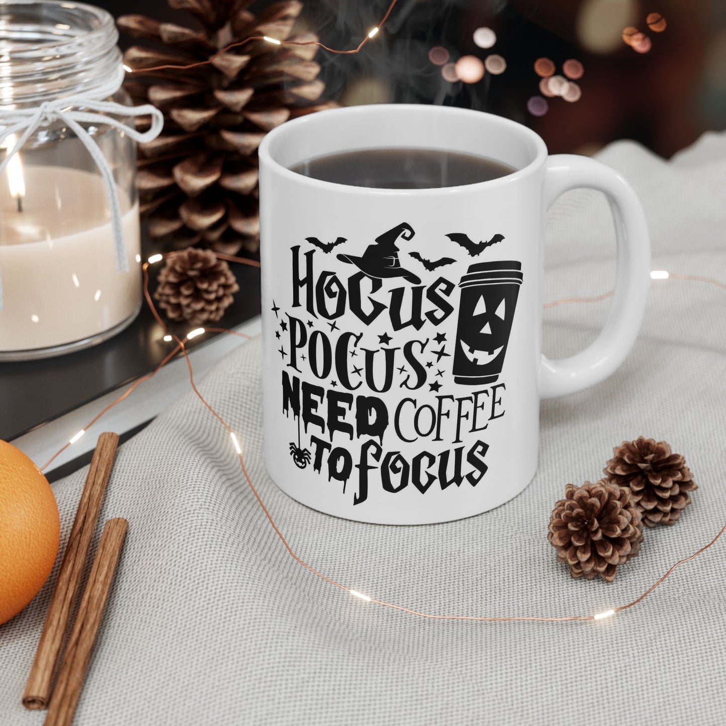 Hocus Pocus Need Coffee to Focus Mug | Funny Halloween Witch Coffee Cup | 11oz Ceramic Jack-o'-Lantern Mug