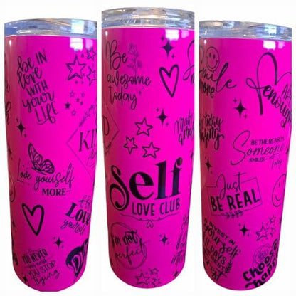 Self Love Club Motivational Quotes 20 oz Skinny Tumbler 20 oz Stainless Steel Skinny Tumbler with Lid, Metal Straw, and Anti-slip bottom, Portable Travel Mug (Neon Pink)