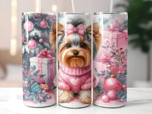 Pink Yorkie Christmas Themd Tumbler 20 oz Stainless Steel Tumbler with Lid and Straw Cup Mug