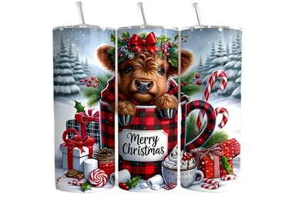 Christmas Highland Cow Tumbler 20 oz Stainless Steel Skinny Tumbler
