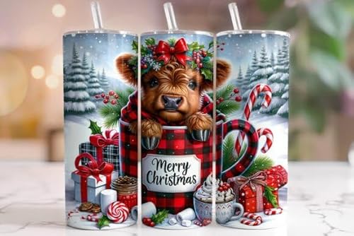 Christmas Highland Cow Tumbler 20 oz Stainless Steel Tumbler with Lid and Straw Cup Mug