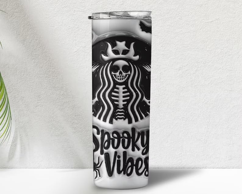 3D Inflated Puffy Spooky Vibes Coffee Halloween Themed 20 oz Skinny Tumblers With Lid and Straw