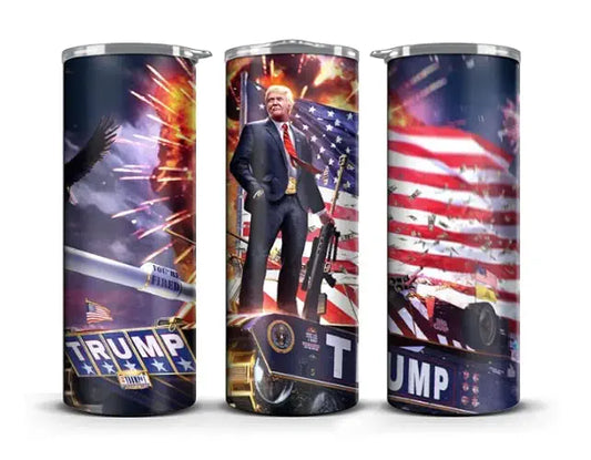 Trump 2024 Themed Tumbler Cup - 20 oz Stainless Steel Skinny Tumbler with Lid and Straw Insulated Mug - Optional Upgrades