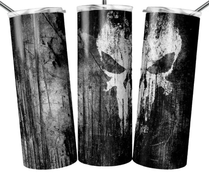 Punisher Skeleton Themed Tumbler Cup 20 oz Stainless Steel Skinny Tumbler with Lid and Straw Insulated Mug