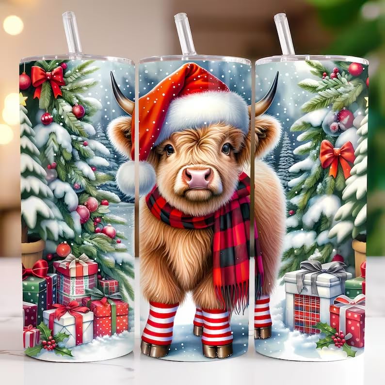 Santa Highland Cow Christmas Tumbler 20oz Stainless Steel tumbler with Lid and Straw Cup Mug