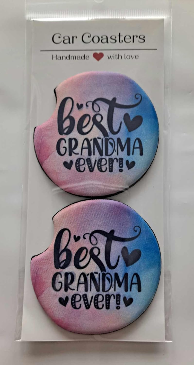 Best Grandma Ever Car Coasters Soft Neoprene - 2 PACK - Car Cup Holder Coaster - Car coasters for Women, Mom, Grandma, Absorbent Car Cupholder Coaster