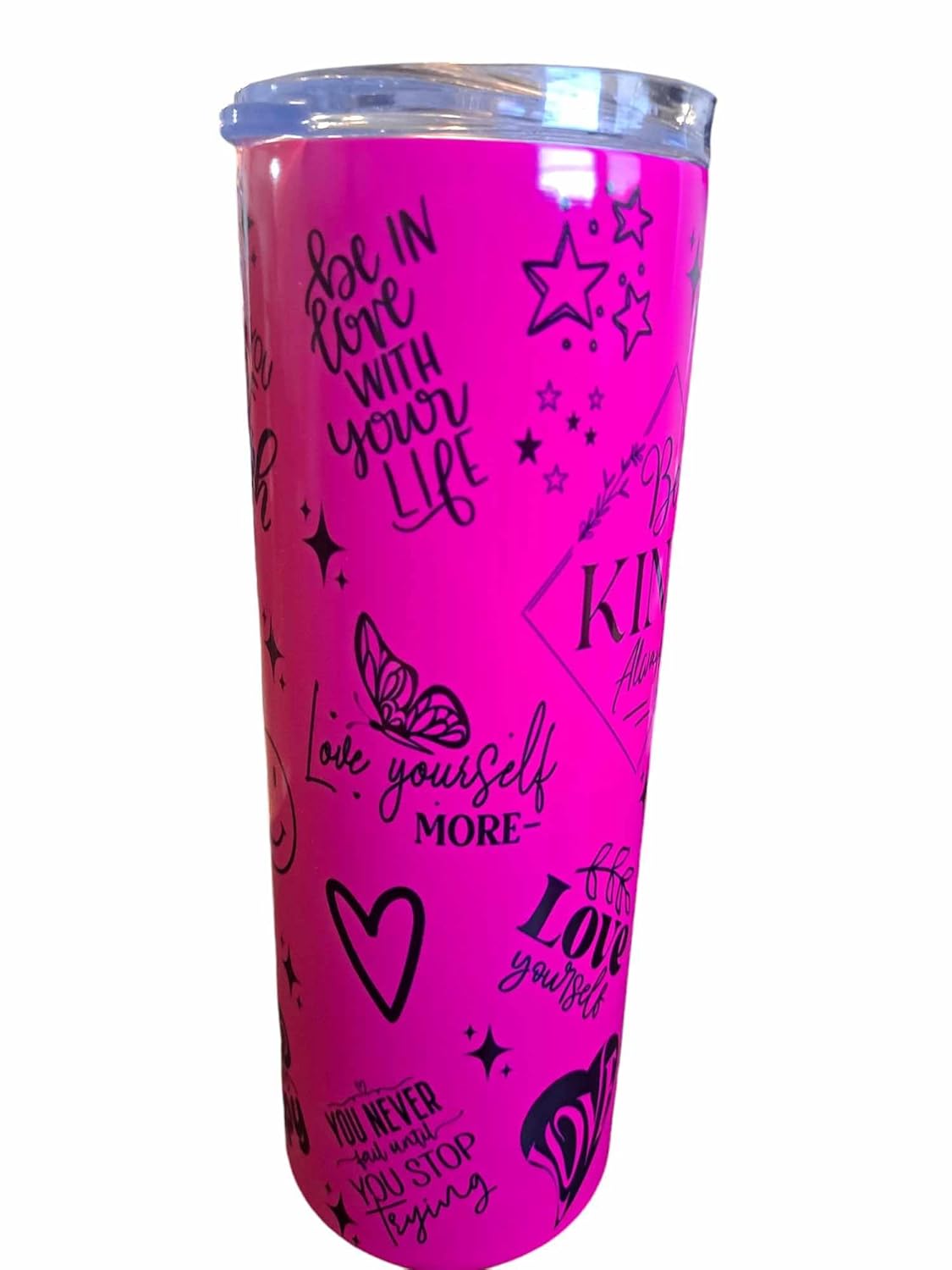 Self Love Club Motivational Quotes 20 oz Skinny Tumbler 20 oz Stainless Steel Skinny Tumbler with Lid, Metal Straw, and Anti-slip bottom, Portable Travel Mug (Neon Pink)