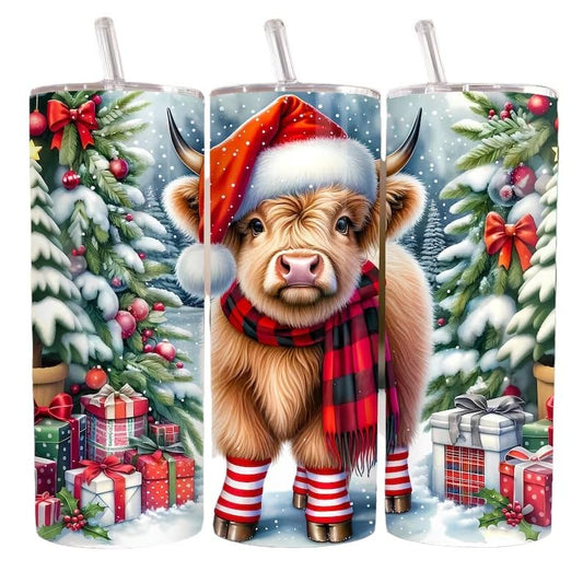 Santa Highland Cow Christmas Tumbler 20oz Stainless Steel tumbler with Lid and Straw Cup Mug