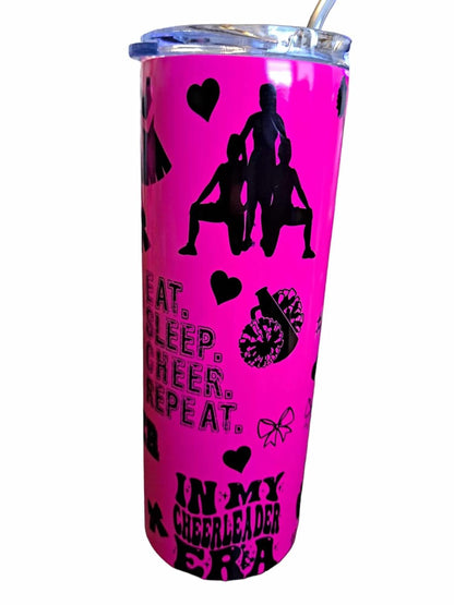 Cheerleading Cheer Life Cheerleader Themed 20 oz Skinny Tumbler 20 oz Stainless Steel Skinny Tumbler with Lid, Metal Straw, and Anti-slip bottom (Neon Pink)