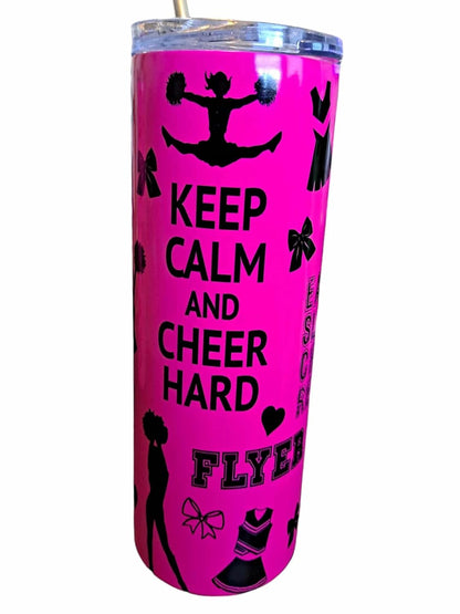 Cheerleading Cheer Life Cheerleader Themed 20 oz Skinny Tumbler 20 oz Stainless Steel Skinny Tumbler with Lid, Metal Straw, and Anti-slip bottom (Neon Pink)