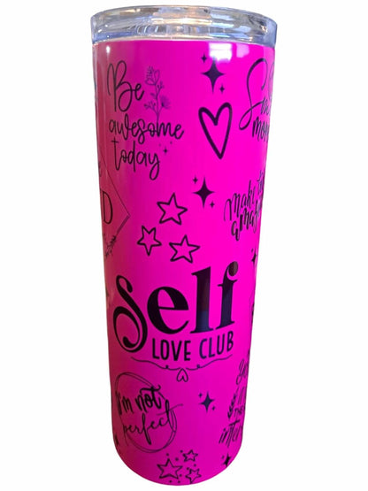 Self Love Club Motivational Quotes 20 oz Skinny Tumbler 20 oz Stainless Steel Skinny Tumbler with Lid, Metal Straw, and Anti-slip bottom, Portable Travel Mug (Neon Pink)