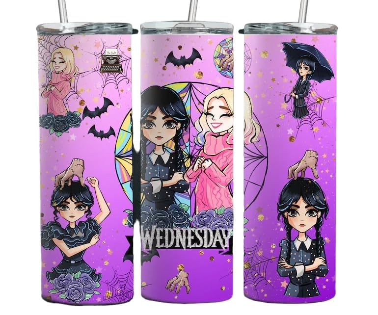 Personalized Wednesday Addams & Enid Themed Custom 20 oz Skinny Tumbler With Lid and Straw - Stainless Steel Double Walled