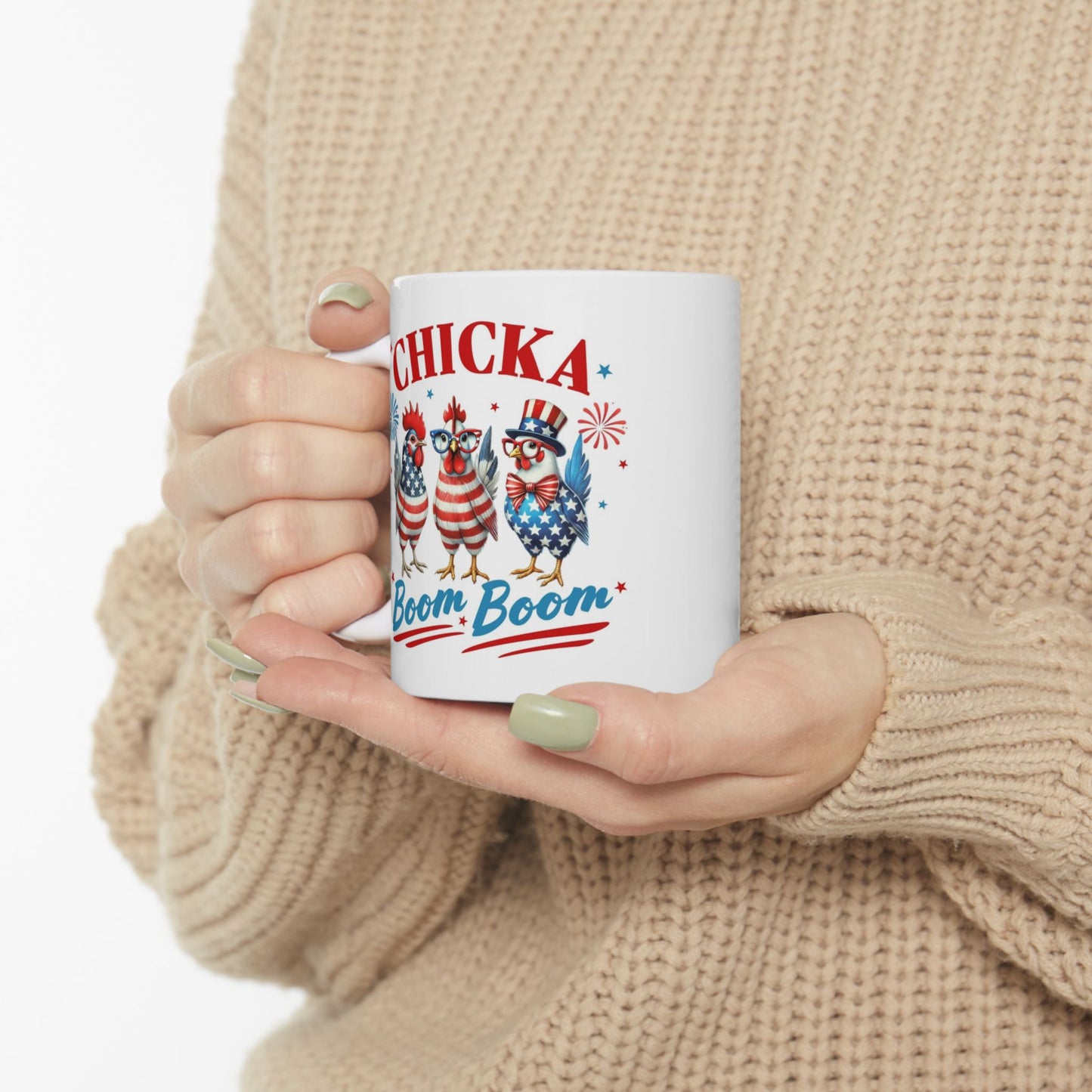 Chicka Boom Boom Patriotic Coffee Mug – 11 oz Ceramic Cup – Funny 4th of July Gift – USA Independence Day Drinkware