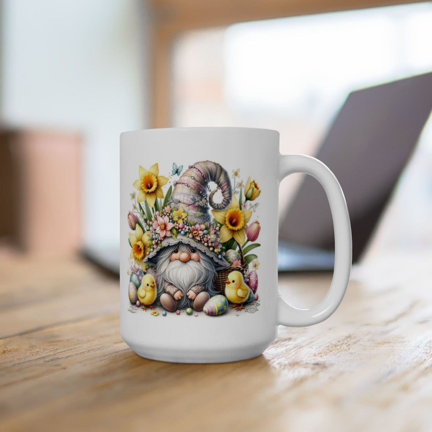Easter Gnome Ceramic Coffee Mug, Easter Gift, Flower Mug, Cute Chick Design, Coffee Cup, Seasonal Decor