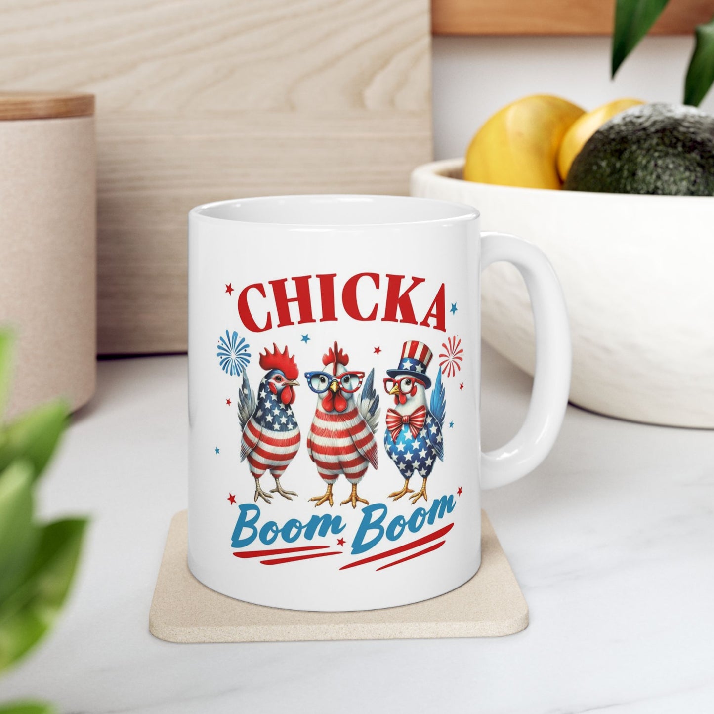 Chicka Boom Boom Patriotic Coffee Mug – 11 oz Ceramic Cup – Funny 4th of July Gift – USA Independence Day Drinkware