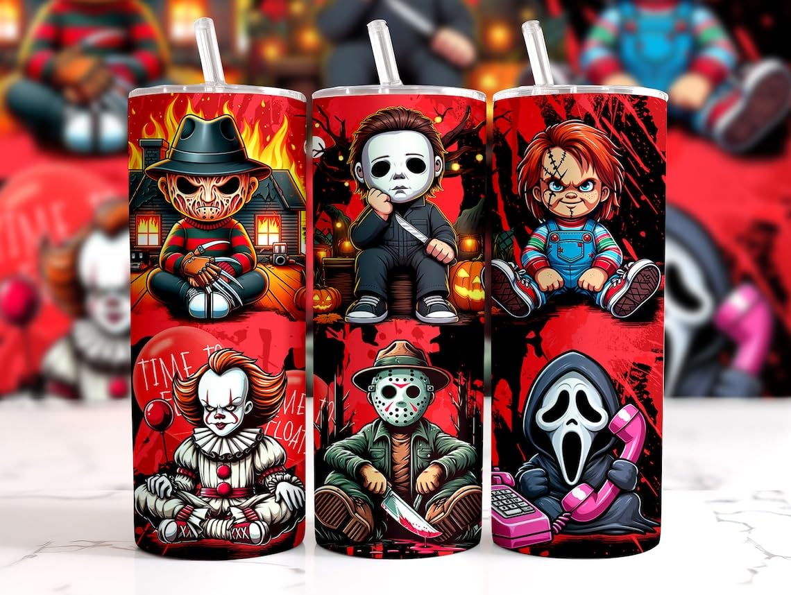 Halloween Horror Movies Villains Themed 20 oz Skinny Tumbler With Lid and Straw (Horror Movie Mix 1)