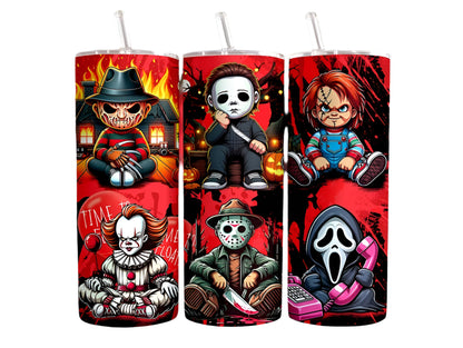 Halloween Horror Movies Villains Themed 20 oz Skinny Tumbler With Lid and Straw (Horror Movie Mix 1)