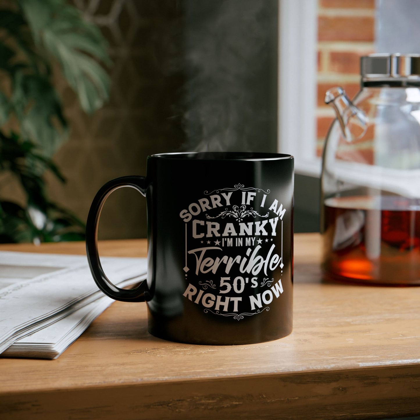Funny Cranky 50s Mug, Black Coffee Cup for Birthdays, Gift for Friends, Office Humor, 11oz