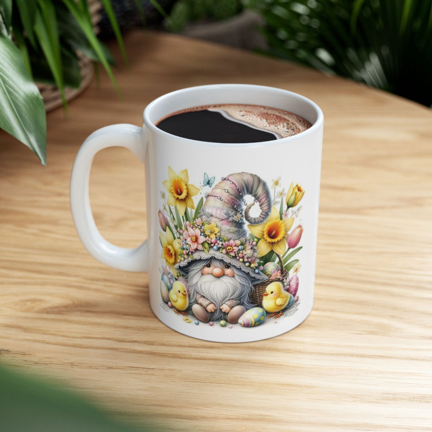 Easter Gnome Ceramic Coffee Mug, Easter Gift, Flower Mug, Cute Chick Design, Coffee Cup, Seasonal Decor