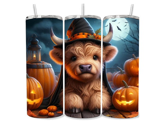 Personalized Baby Highland Cow Halloween Themed 20 oz Stainless Steel Skinny Tumbler with Lid and Straw Insulated Mug