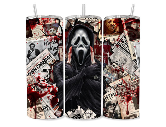 Halloween Horror Movies Villain Fan Themed 20 oz Skinny Tumblers With Lid and Straw (Scary Movie)