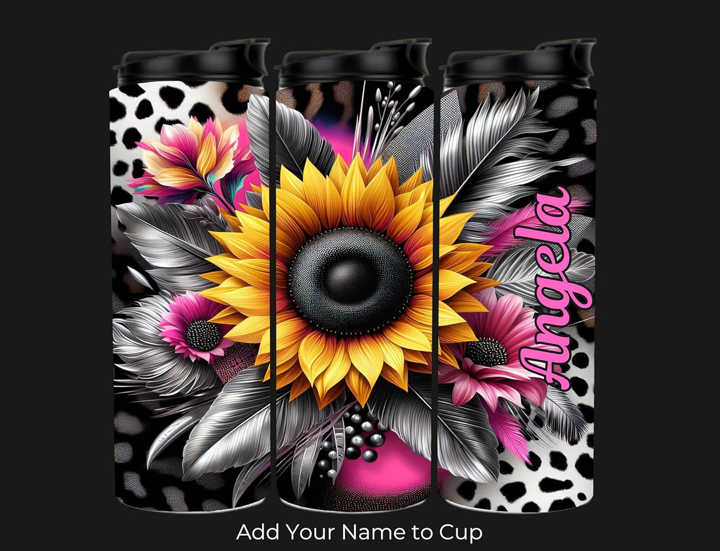 Sunflower Animal Print Floral Themed Custom Sports Tumbler Cup 20 oz Stainless Steel with Dual Opening ways for drinking, Built in Straw and Sipping option, Portable Mug