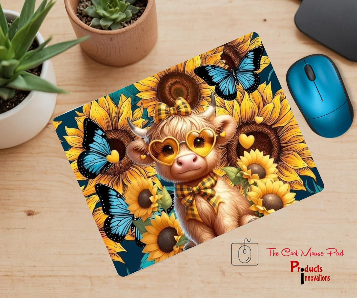 The Cool Mouse Pad Baby Highland Cow and Sunflowers Themed for Computer Laptop Home Office Gaming Working Desk Desktop Accessories Non-Slip Rubber Mouse Pad