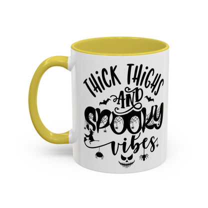 Thick Thighs and Spooky Vibes Color Accent 11 oz Coffee Mug, Halloween Gift Collection