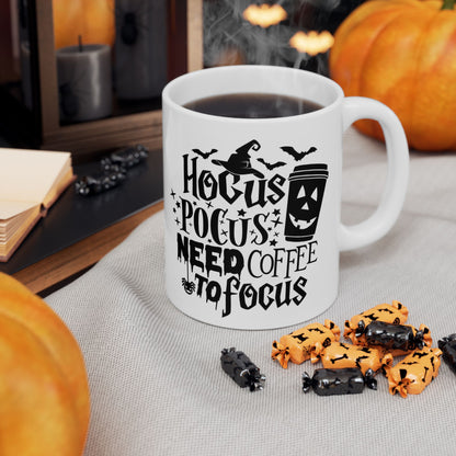 Hocus Pocus Need Coffee to Focus Mug | Funny Halloween Witch Coffee Cup | 11oz Ceramic Jack-o'-Lantern Mug