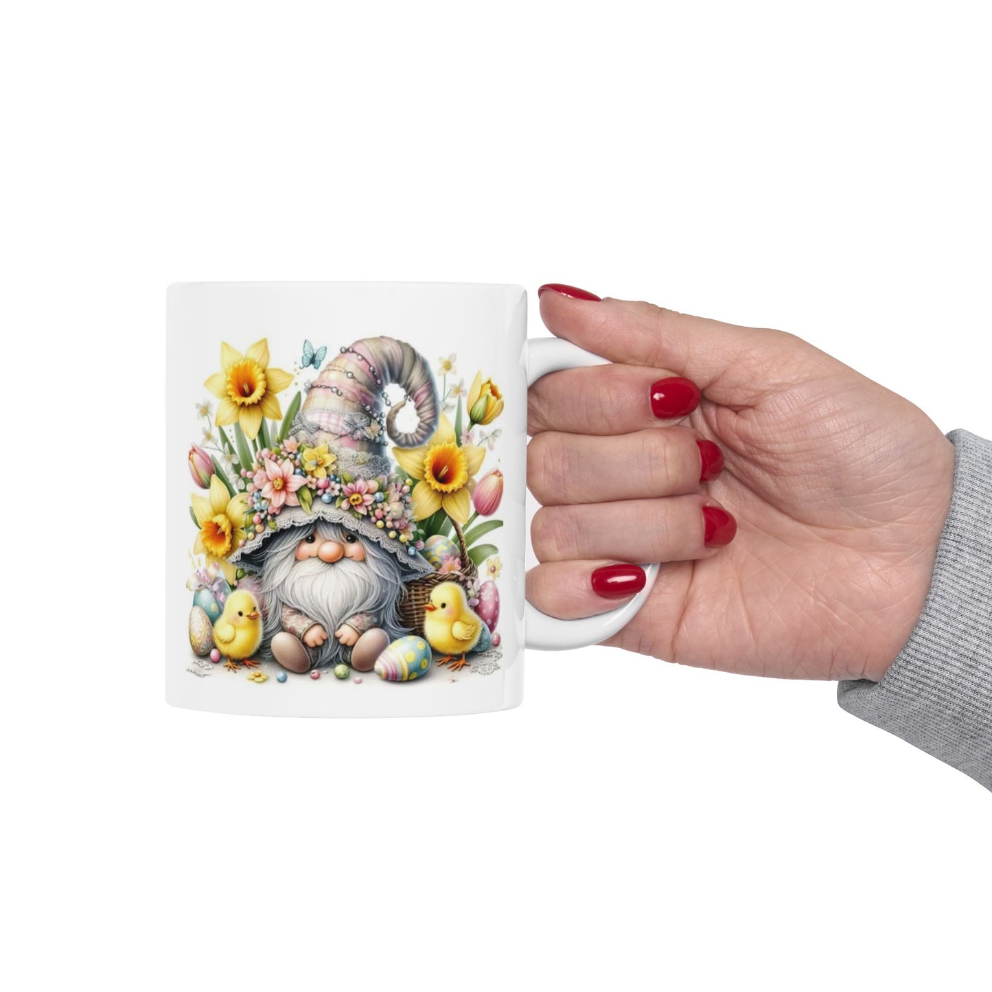 Easter Gnome Ceramic Coffee Mug, Easter Gift, Flower Mug, Cute Chick Design, Coffee Cup, Seasonal Decor