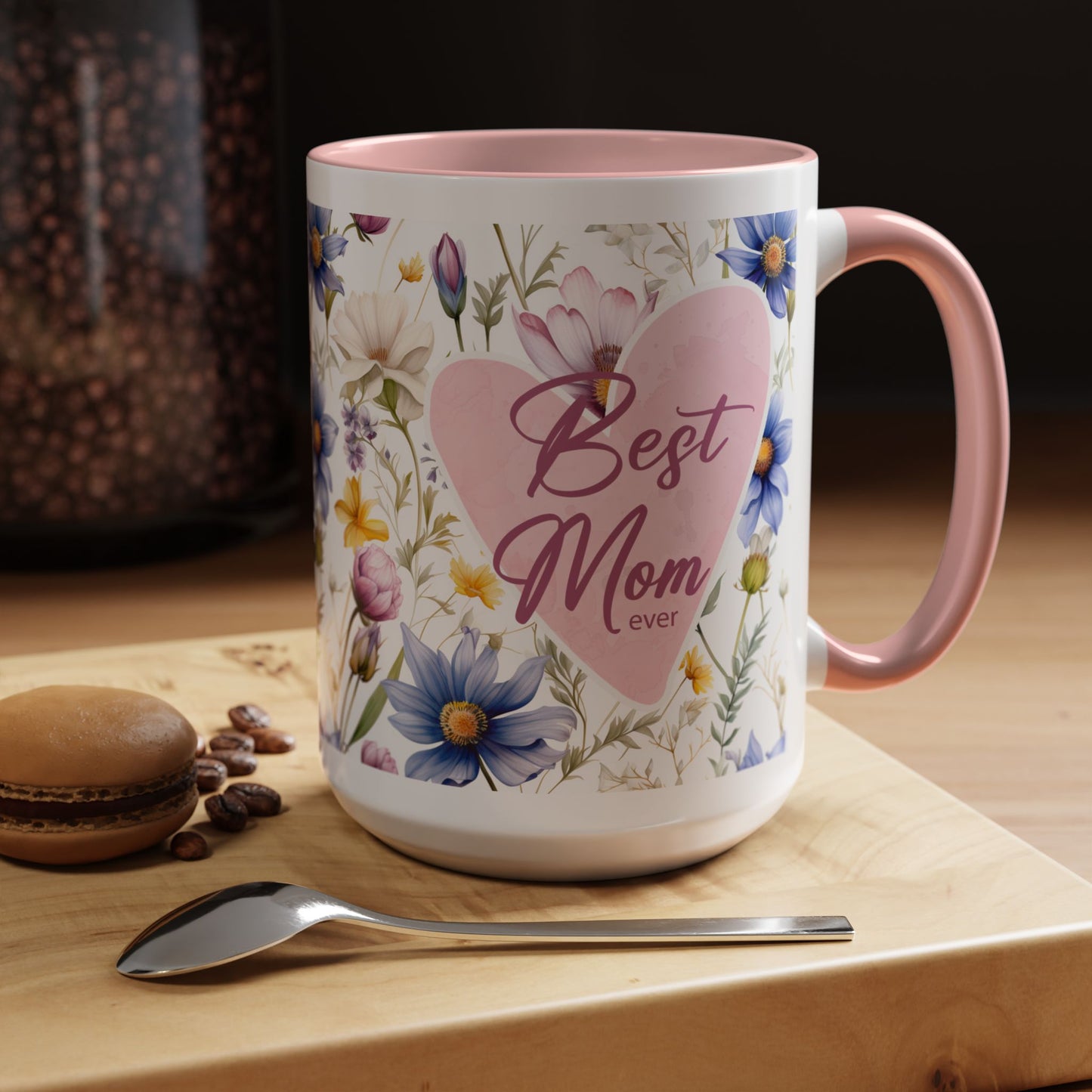 Floral Best Mom Ever Coffee Mug, Pink Accent Mug for Mother’s Day, Birthday Gift, Floral Kitchen Decor, Gift for Her