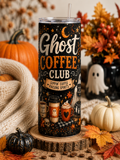 Ghost Coffee Club 20oz Skinny Tumbler | Halloween Ghost Coffee Cup | Fall Coffee Lover Gift | Stainless Steel Insulated Travel Mug